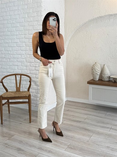 Premium Kalite Yüksek Bel Boyfit Jean Bej
