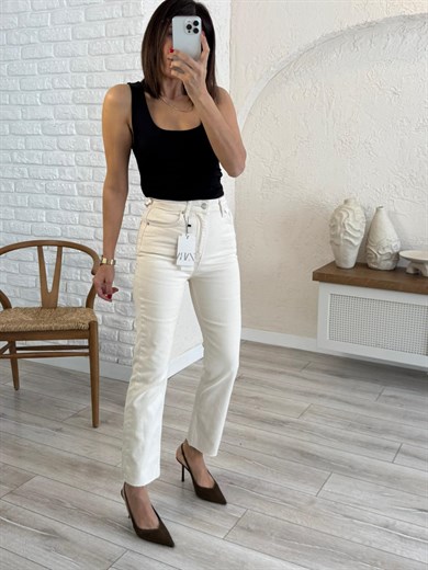 Premium Kalite Yüksek Bel Boyfit Jean Bej