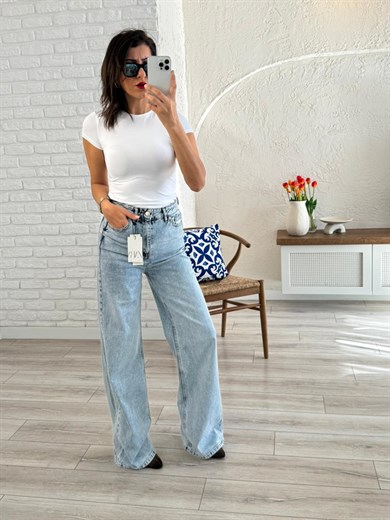 Premium Kalite Yüksek Bel Geniş Paça Jean Buz Mavi