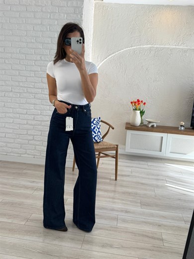 Premium Kalite Yüksek Bel Geniş Paça Jean Koyu Mavi