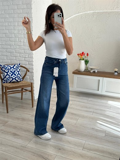 Premium Kalite Yüksek Bel Geniş Paça Jean Mavi