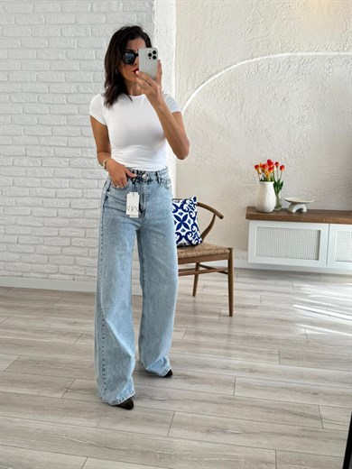 Premium Kalite Yüksek Bel Geniş Paça Jean Buz Mavi