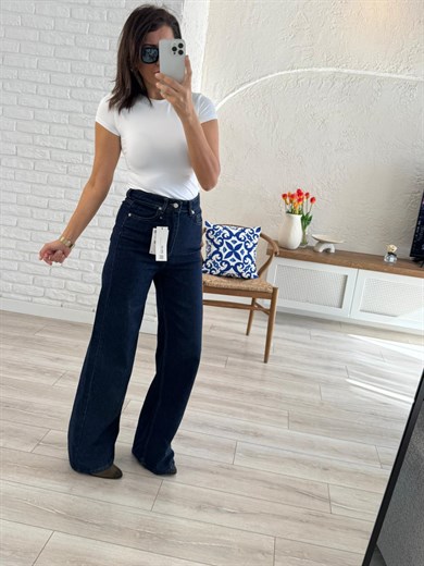 Premium Kalite Yüksek Bel Geniş Paça Jean Koyu Mavi