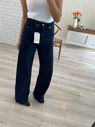 Premium Kalite Yüksek Bel Geniş Paça Jean Koyu Mavi