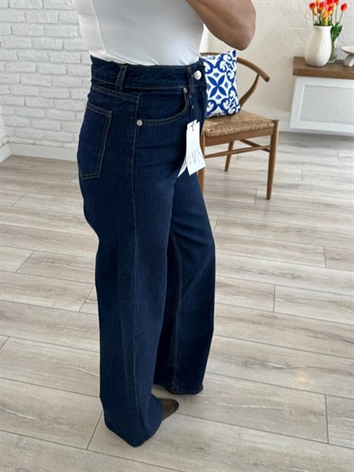 Premium Kalite Yüksek Bel Geniş Paça Jean Koyu Mavi