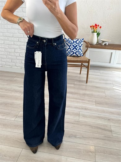 Premium Kalite Yüksek Bel Geniş Paça Jean Koyu Mavi
