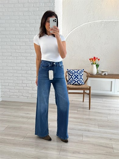 Premium Kalite Yüksek Bel Geniş Paça Jean Mavi
