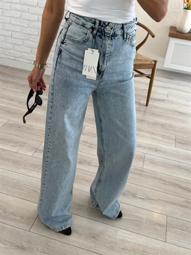 Premium Kalite Yüksek Bel Geniş Paça Jean Buz Mavi