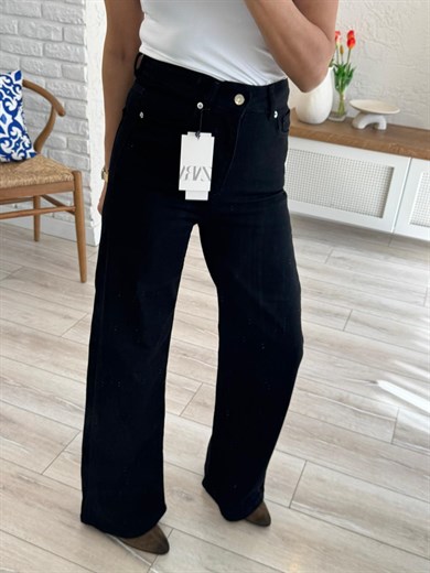 Premium Kalite Yüksek Bel Geniş Paça Jean Siyah