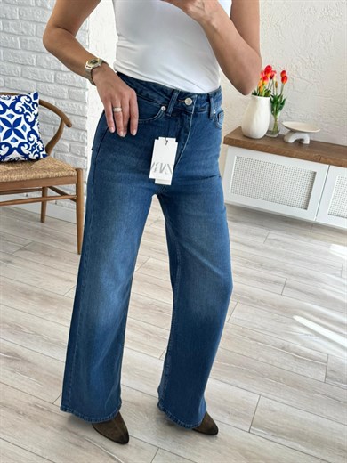Premium Kalite Yüksek Bel Geniş Paça Jean Mavi