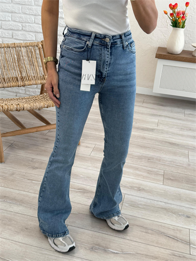 Premium Kalite Yüksek Bel İspanyol Paça Jean Mavi