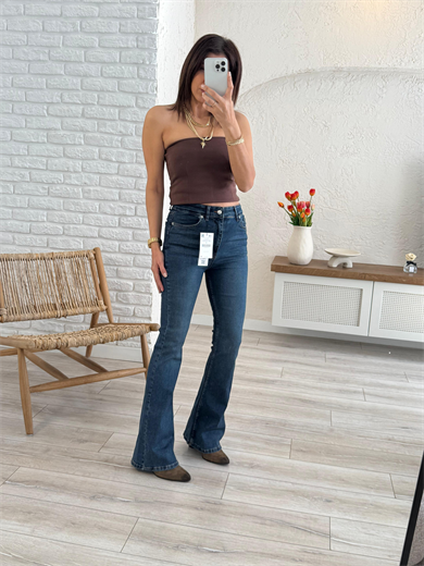 Premium Kalite Yüksek Bel İspanyol Paça Jean Tint Mavi