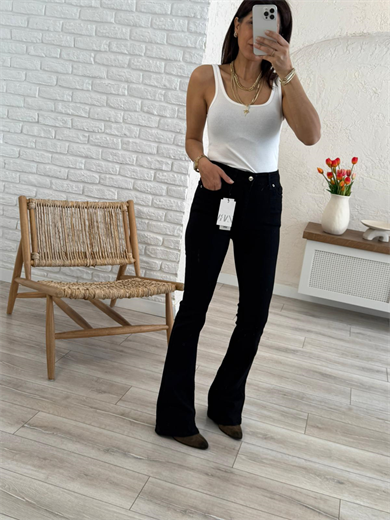 Premium Kalite Yüksek Bel İspanyol Paça Jean Siyah