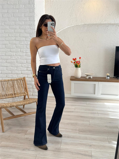 Premium Kalite Yüksek Bel İspanyol Paça Jean Koyu Mavi