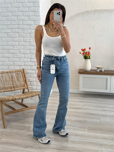 Premium Kalite Yüksek Bel İspanyol Paça Jean Mavi