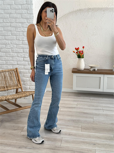 Premium Kalite Yüksek Bel İspanyol Paça Jean Mavi