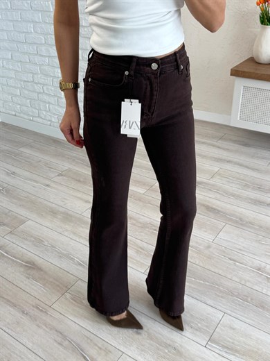 Premium Kalite Yüksek Bel İspanyol Paça Jean  Kahverengi