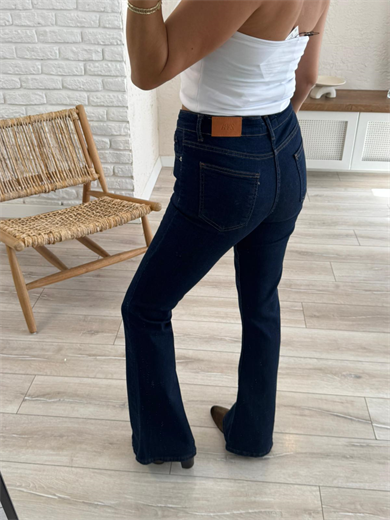 Premium Kalite Yüksek Bel İspanyol Paça Jean Koyu Mavi