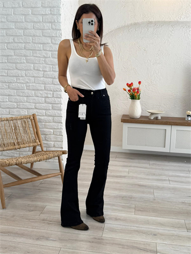 Premium Kalite Yüksek Bel İspanyol Paça Jean Siyah