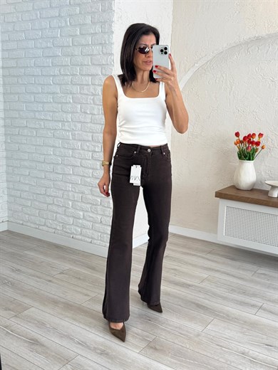 Premium Kalite Yüksek Bel İspanyol Paça Jean  Kahverengi