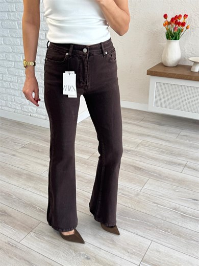 Premium Kalite Yüksek Bel İspanyol Paça Jean  Kahverengi