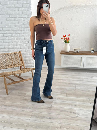 Premium Kalite Yüksek Bel İspanyol Paça Jean Tint Mavi