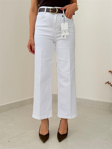 Premium Kalite Yüksek Bel Kemerli Wide Leg Jean Beyaz