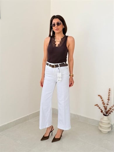 Premium Kalite Yüksek Bel Kemerli Wide Leg Jean Beyaz