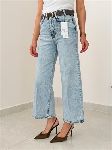 Premium Kalite Yüksek Bel Kemerli Wide Leg Jean Buz Mavi