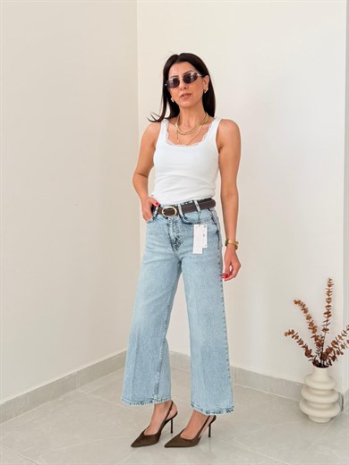 Premium Kalite Yüksek Bel Kemerli Wide Leg Jean Buz Mavi