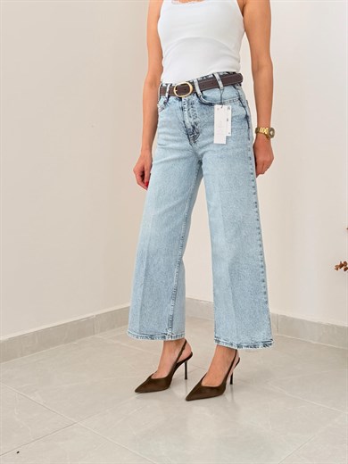 Premium Kalite Yüksek Bel Kemerli Wide Leg Jean Buz Mavi