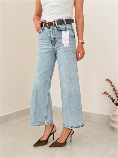 Premium Kalite Yüksek Bel Kemerli Wide Leg Jean Buz Mavi