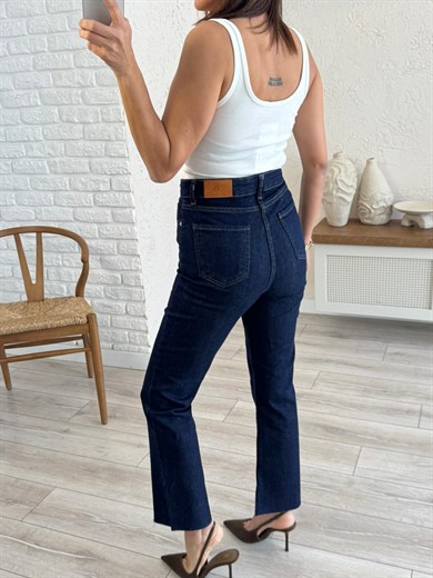 Premium Kalite Yüksek Bel Kesik Paça Bilek Boy İspanyol Koyu Mavi