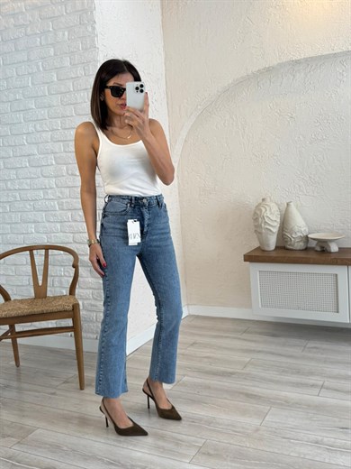 Premium Kalite Yüksek Bel Kesik Paça Bilek Boy İspanyol Açık Mavi