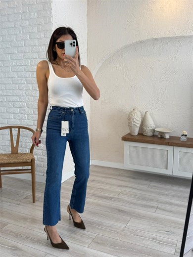 Premium Kalite Yüksek Bel Kesik Paça Bilek Boy İspanyol Mavi