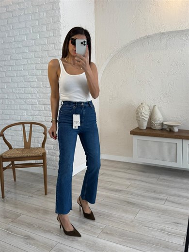 Premium Kalite Yüksek Bel Kesik Paça Bilek Boy İspanyol Mavi