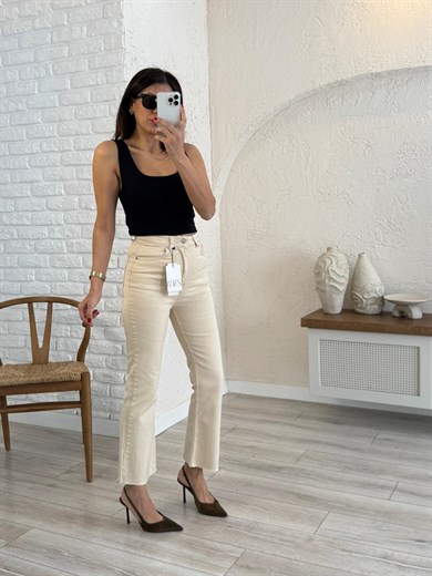 Premium Kalite Yüksek Bel Kesik Paça Bilek Boy İspanyol Bej