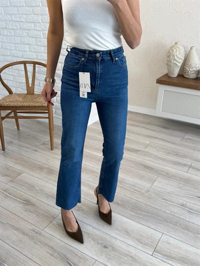 Premium Kalite Yüksek Bel Kesik Paça Bilek Boy İspanyol Mavi