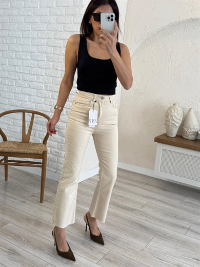 Premium Kalite Yüksek Bel Kesik Paça Bilek Boy İspanyol Bej