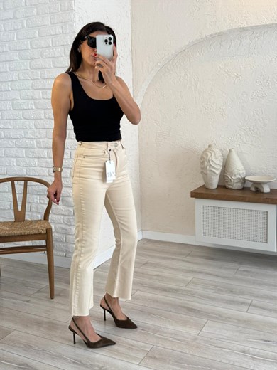 Premium Kalite Yüksek Bel Kesik Paça Bilek Boy İspanyol Bej