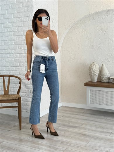 Premium Kalite Yüksek Bel Kesik Paça Bilek Boy İspanyol Açık Mavi