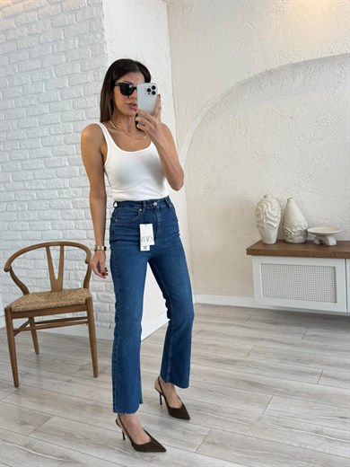 Premium Kalite Yüksek Bel Kesik Paça Bilek Boy İspanyol Mavi