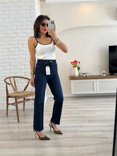 Premium Kalite Yüksek Bel Önden Ütülü Havuç Kesim Jean Koyu Mavi