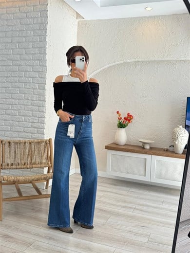 Premium Kalite Yüksek Bel Önden Ütülü Geniş Paça Jean Mavi