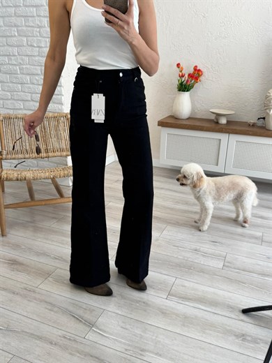 Premium Kalite Yüksek Bel Önden Ütülü Geniş Paça Jean Siyah