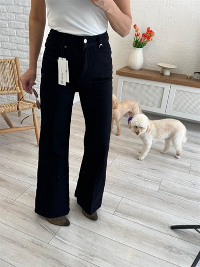 Premium Kalite Yüksek Bel Önden Ütülü Geniş Paça Jean Siyah