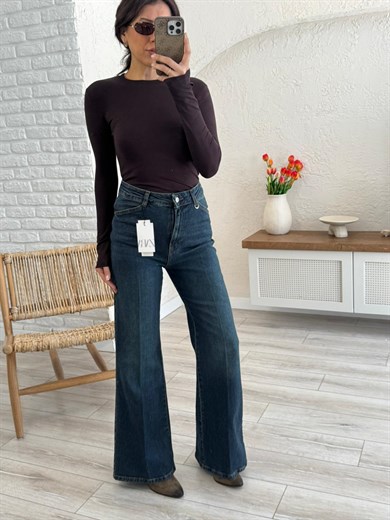 Premium Kalite Yüksek Bel Önden Ütülü Geniş Paça Jean Tint