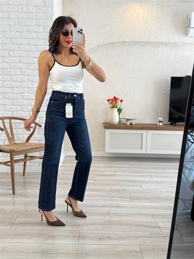 Premium Kalite Yüksek Bel Önden Ütülü Havuç Kesim Jean Koyu Mavi