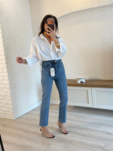 Premium Kalite Yüksek Bel Önden Ütülü Havuç Kesim Jean Yıkamalı Mavi