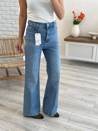 Premium Kalite Yüksek Bel Önden Ütülü Geniş Paça Jean Açık Mavi